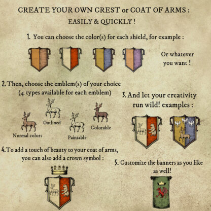 heraldic shields and crests creation kit, fantasy map assets, antique cartography pack