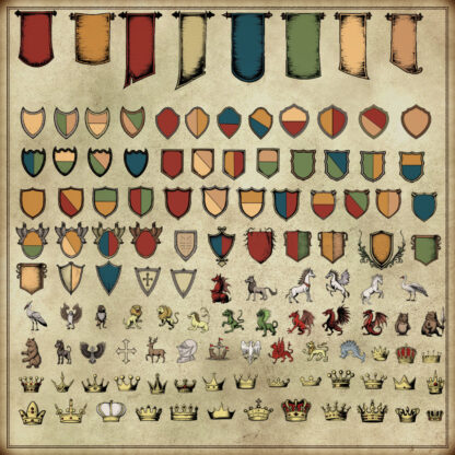 list of heraldic emblems, crests, heraldic shields, banners, fantasy map symbols, cartography assets
