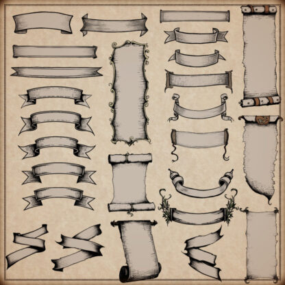 ribbon, parchment and banner assets and fantasy map symbols and resources