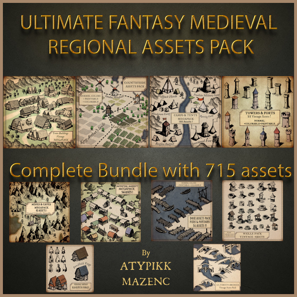images bundle with fantasy map assets for Wonderdraft, antique cartography elements, megapack