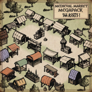 regional fantasy map with medieval market with stands, stalls and wooden carts, old cartography resources