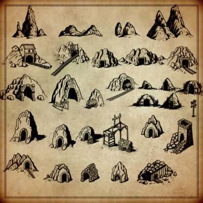 list of mine, grotto, cave, cavern, mountain assets for wonderdraft or photoshop, old mapmaking