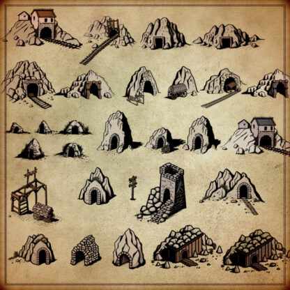 list of fantasy map assets, mines, caves, mountains, mountain miners village, antique cartography