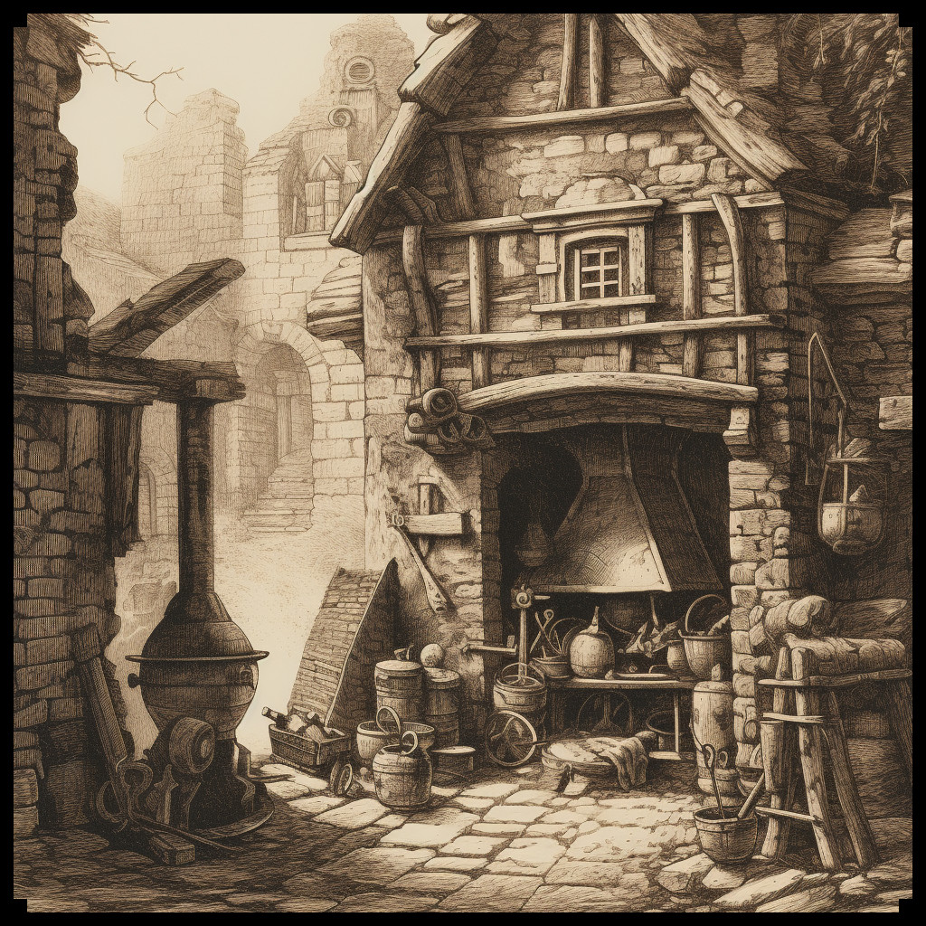 sepia illustration of a blacksmith forge with oven and furnace, old cartography for antique fantasy map