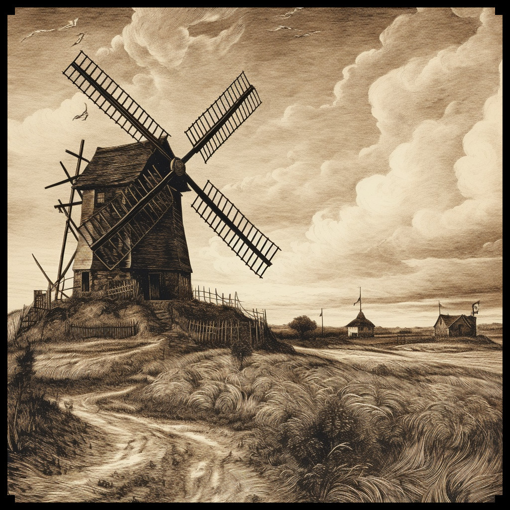 sepia illustration with etching of a windmill in wheat fields, old cartography