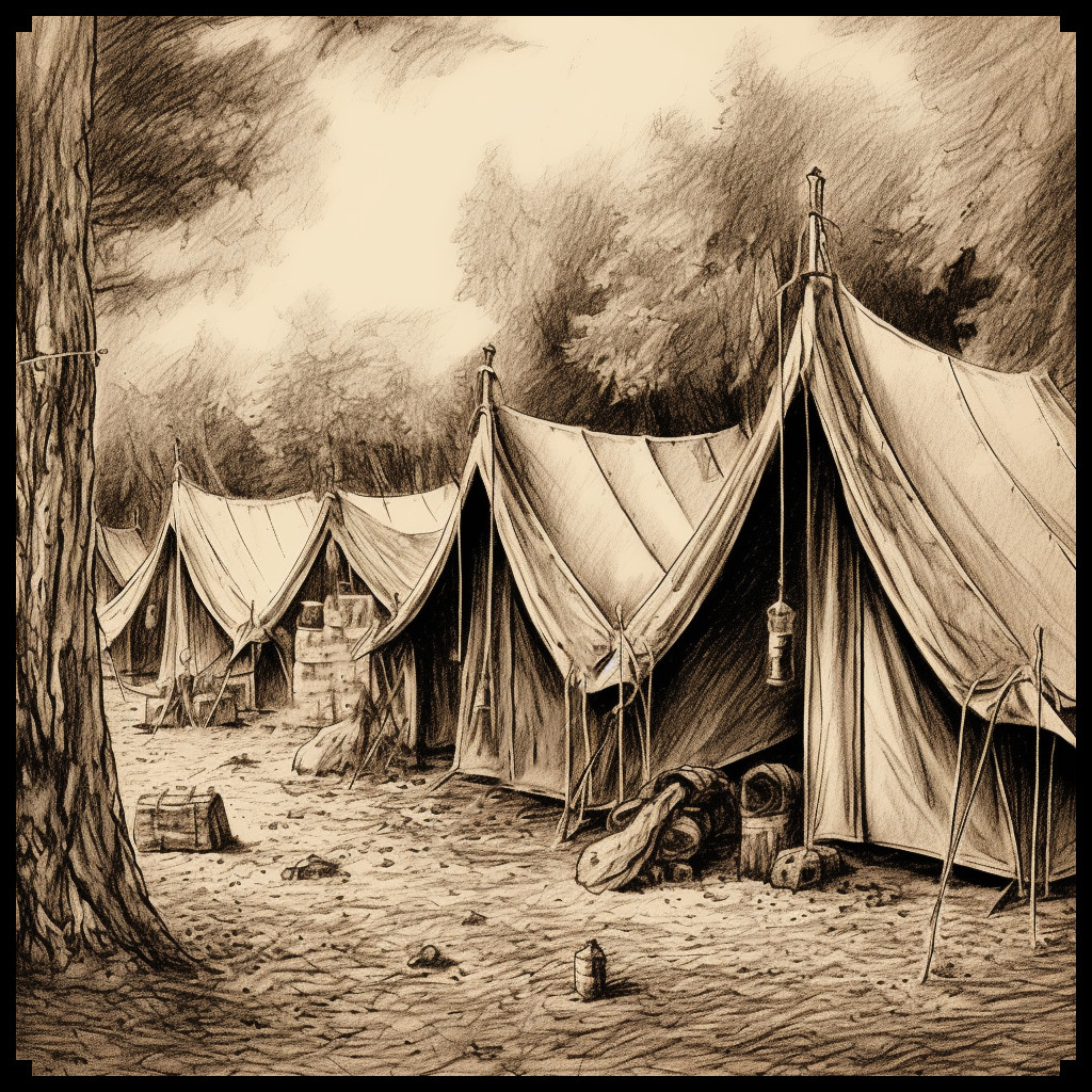 sepia etching illustration of militar medieval camps with tents, cartography assets, fantasy map