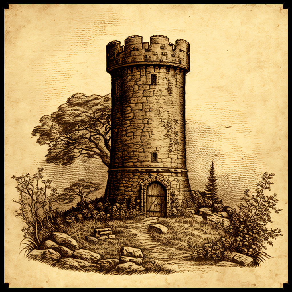 etching illustration of a medieval fort, in sepia, for fantasy map assets