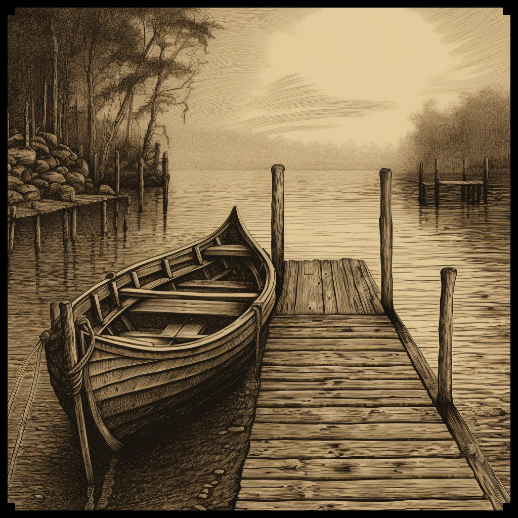 etching illustration in sepia of a pontoon and a rowboat for fantasy maps, old cartography for wonderdraft