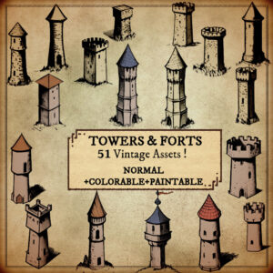 Forts, dungeons, keeps and tower fantasy map assets for Wonderdraft, old cartography style