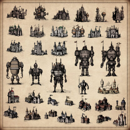 Collection of fantasy map assets with giant robots, mechacities, steampunk cities and towns