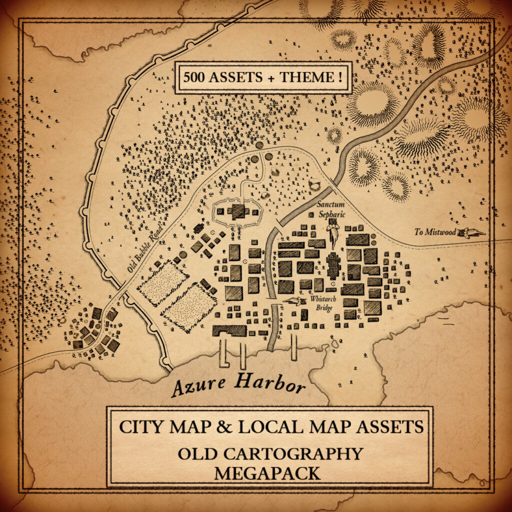 Old Cartography top down city buildings & local