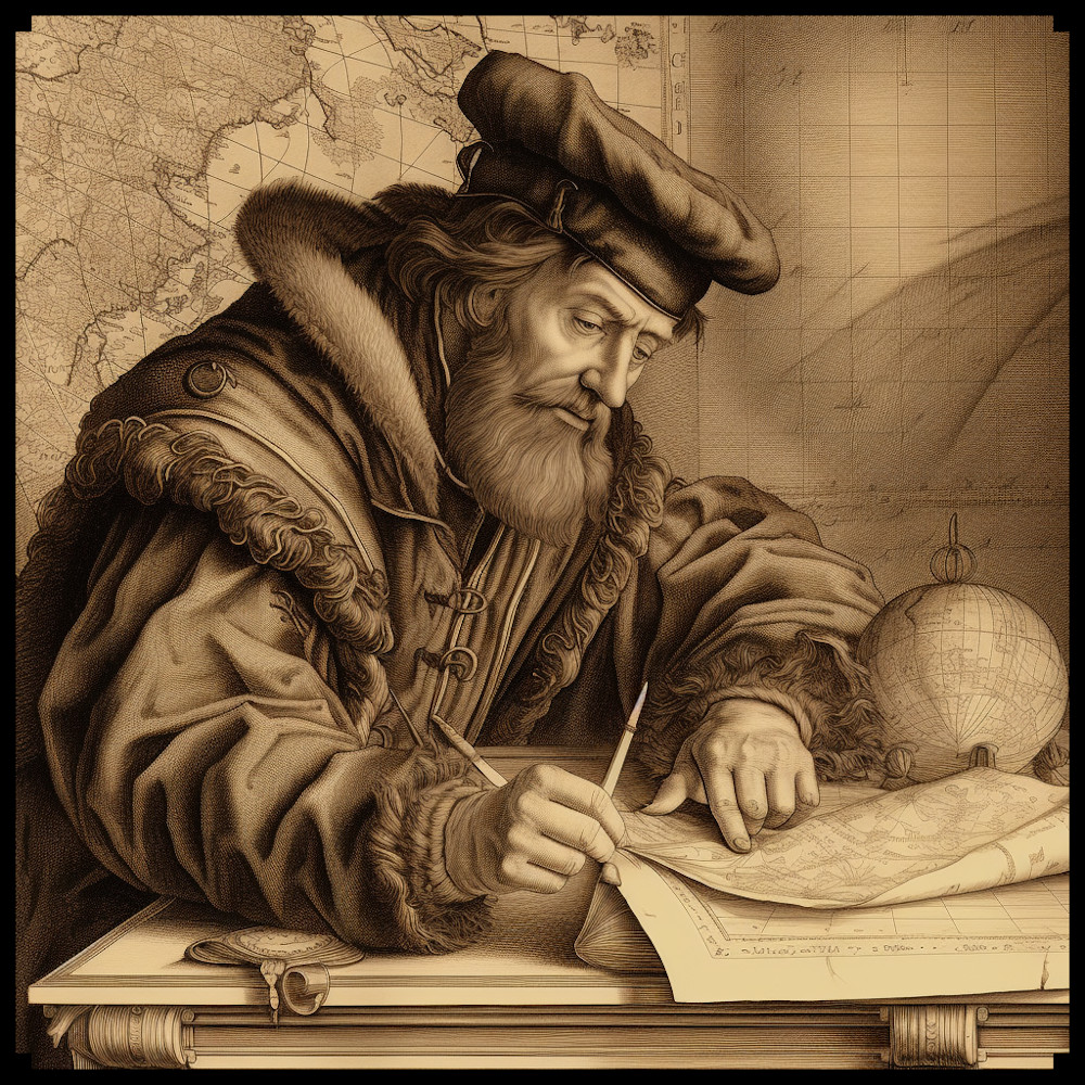 cartographer with an antique map, old cartography for Wonderdraft