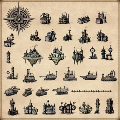 Collection of fantasy map assets, antique cartography, compass rose, tanks, steampunk flying cities.
