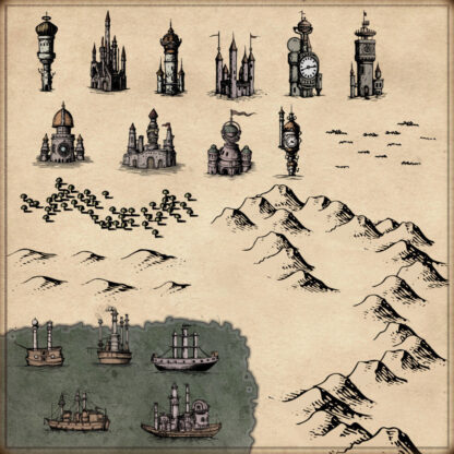 collection of fantasy map symbols with steampunk dungeons, castles, mountains, hills, trees, and steamboats