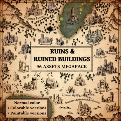 ruins fantasy map assets, with ruined buildings, abandoned towns, antique cartography, wonderdraft