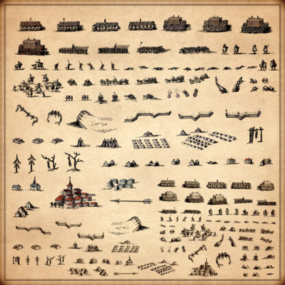 wonderdraft assets collection with fantasy map symbols, battle units, army units, old cartography