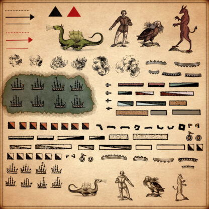 fantasy map assets with dragon giant beasts, napoleonic and musket symbols, pikes and shots assets