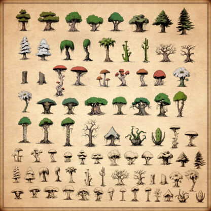 wonderdraft assets, fantasy map symbols, trees, pine trees, palm trees, willow, firs, dead trees, sacred tree