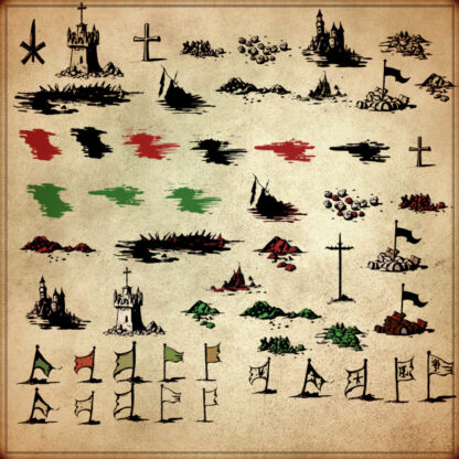 collection of wonderdraft assets representing war, battles, old cartography blood puddles, guts, gore damaged flags