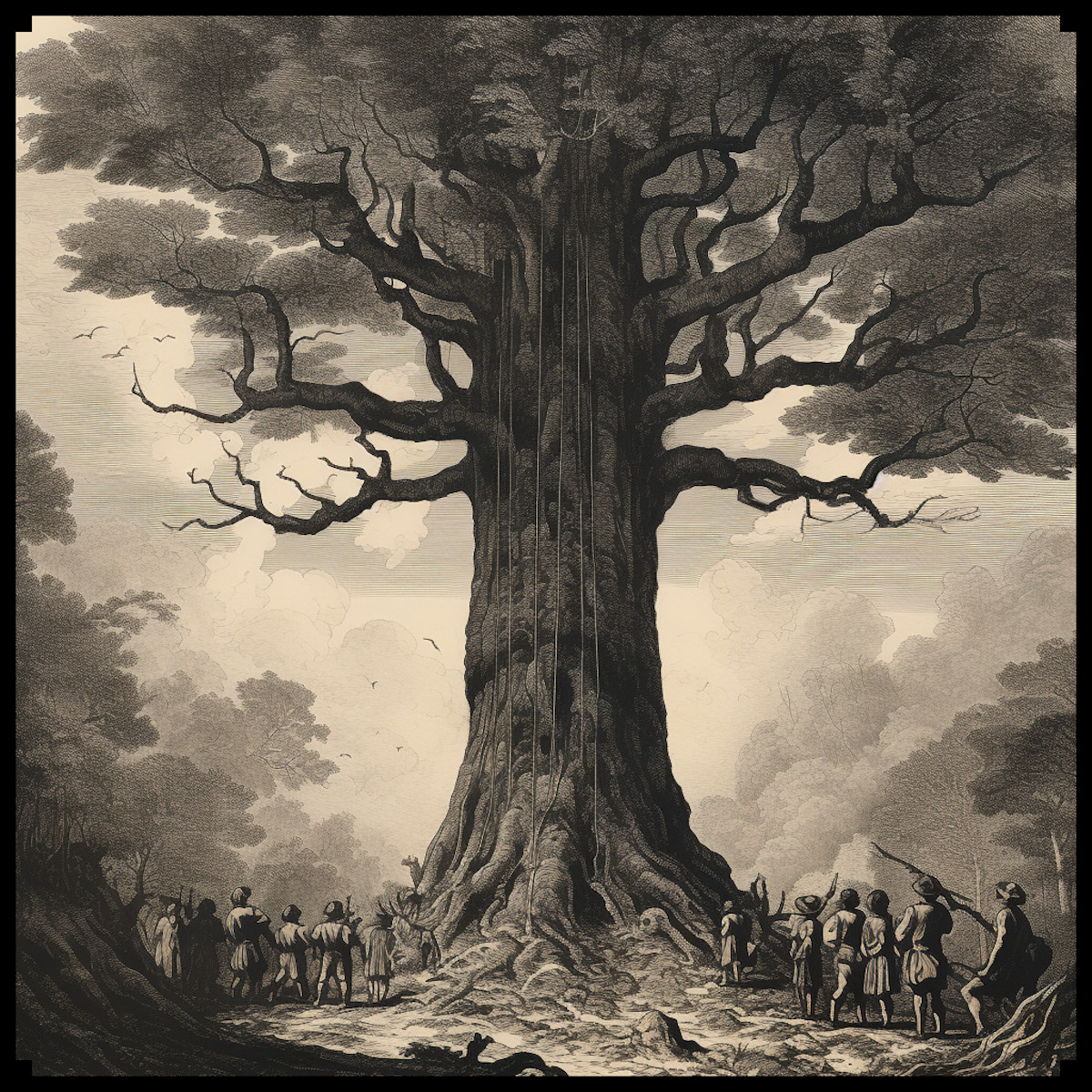 giant tree and ents with medieval fantasy people around, world trees, wonderdraft assets for photoshop gimp