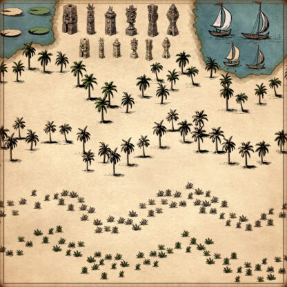 fantasy map with cartography symbols and assets, tropical and tribal assets, palm trees, sailing ships, lilypads