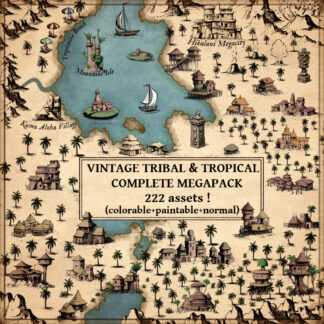 tropical and tribal african fantasy map assets pack, stilt towns, tiki totems, palm trees, vintage cartography