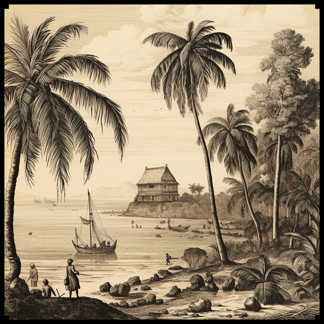 Wonderdraft assets, cartography symbols with tribal village and tropical beach, vintage map