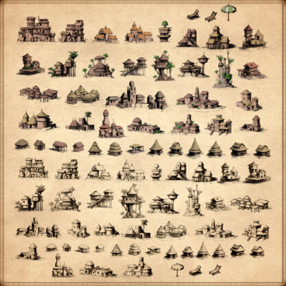tropical and tribal towns, hamlets, african villages, cartography assets, fantasy map symbols