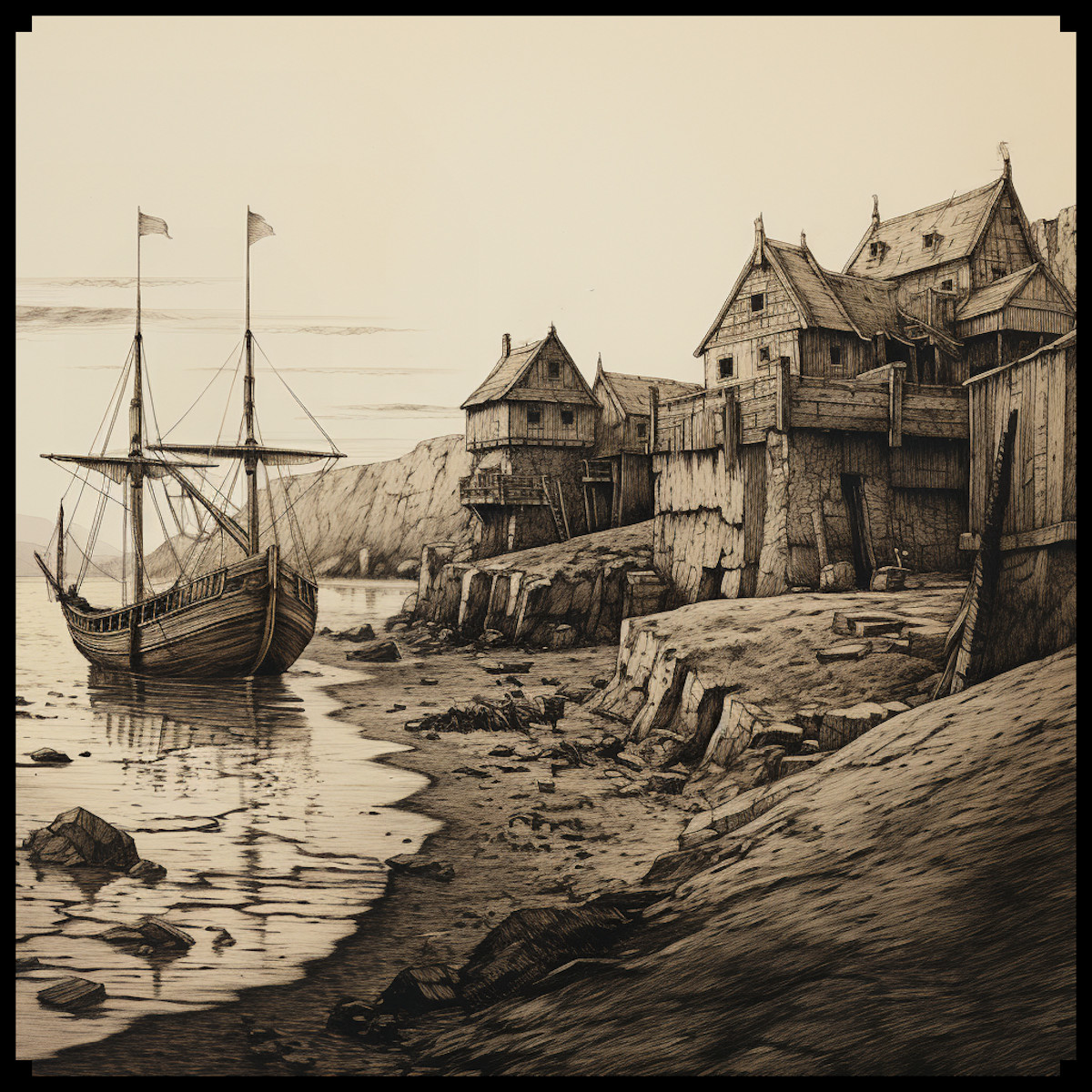 etching illustration of viking nordic towns with longship, fantasy map assets, wonderdraft assets and symbols