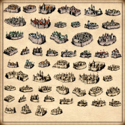 fantasy map symbols, walled towns, fortified medieval city, gimp and photoshop map assets