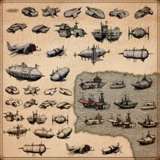 Wonderdraft assets, photoshop map symbols, spaceships cyberpunk, sci-fi boats, wrecked aircrafts, modern airships