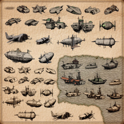 Wonderdraft assets, photoshop map symbols, spaceships cyberpunk, sci-fi boats, wrecked aircrafts, modern airships
