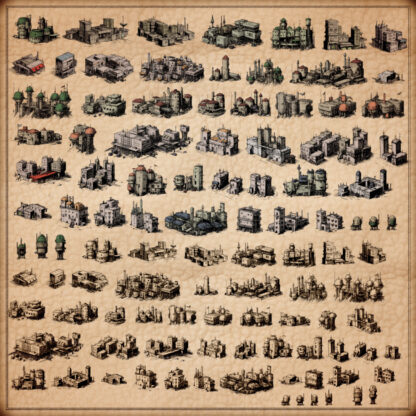 cyberpunk map assets, cities, megacities, towns and industrial areas. Fantasy map symbols for Wonderdraft