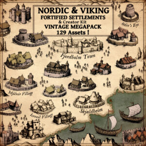 viking settlements and longships, nordic towns and hamlets, photoshop and png assets for fantasy map