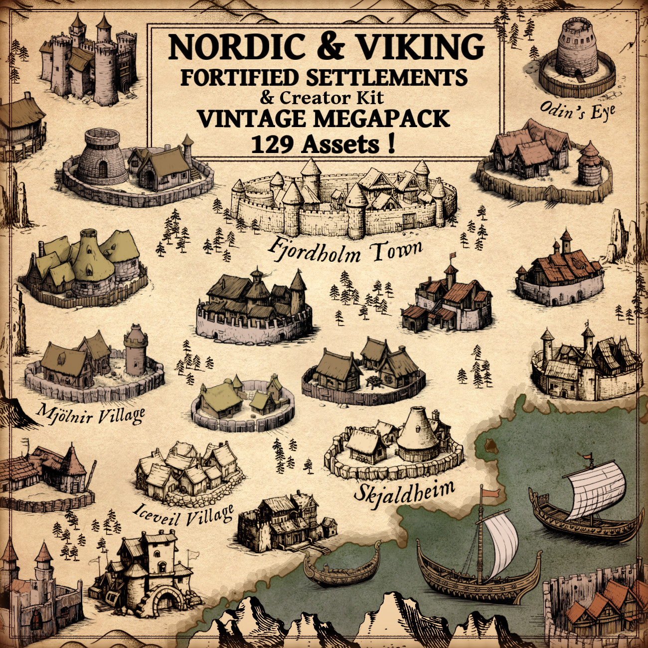 viking settlements and longships, nordic towns and hamlets, photoshop and png assets for fantasy map