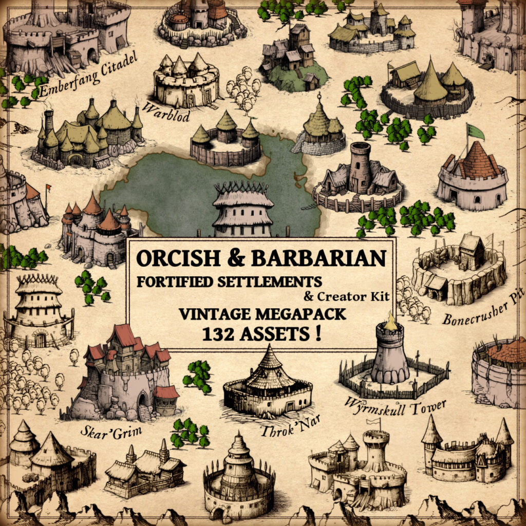 Fortified Orkish & Barbarian Settlements fantasy map assets