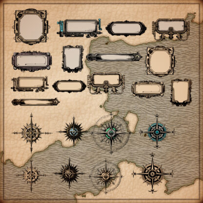 fantasy map, sci-fi futuristic theme, cyberpunk with cartouches and vintage compass roses, wonderdraft assets