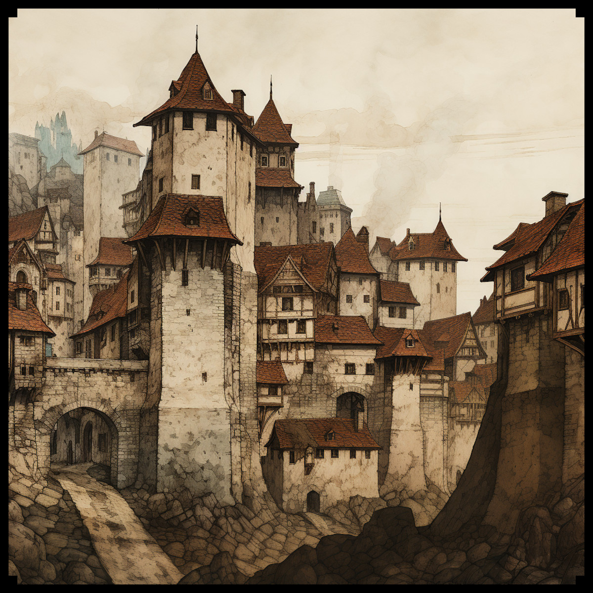medieval city map assets pack, wonderdraft assets, etching illustration, fantasy map symbols