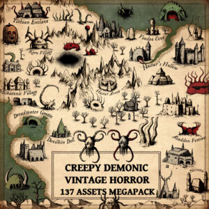 demonic and undead fantasy map assets, old cartography assets for Wonderdraft. Creepy and lovecraftian map symbols.