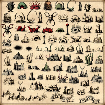creepy and disturbing fantasy map assets, wonderdraft symbols, fantasy map assets demonic and demons, settlements mountains