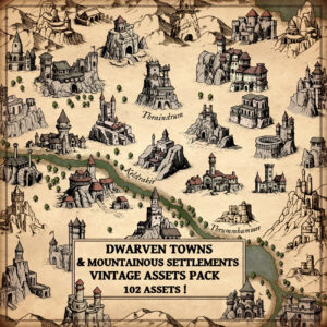dwarven towns and settlements, fantasy map assets, old cartography elements, mountainous villages, wonderdraft