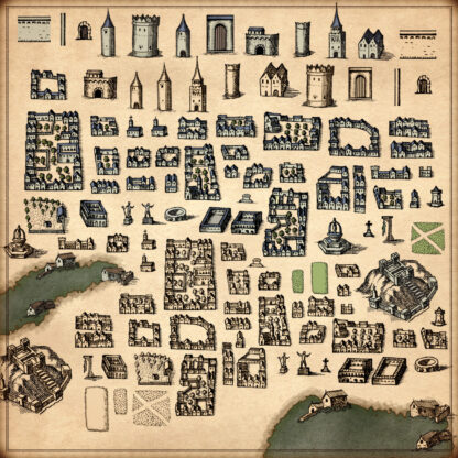 fantasy local map assets, wonderdraft, town buildings and houses, mapping symbols, medieval, vintage assets