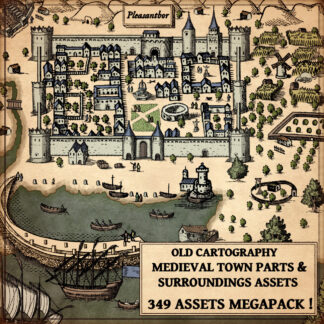 wonderdraft assets, city map parts, with countryside and pier, fantasy map symbols, old cartography