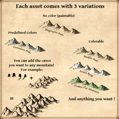 fantasy map assets, mountains and mountain ranges, hills, foothills, pinnacles, old cartography elements, wonderdraft