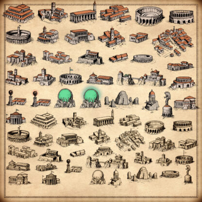 roman empire and ancient greece fantasy map assets and symbols, old cartography for wonderdraft