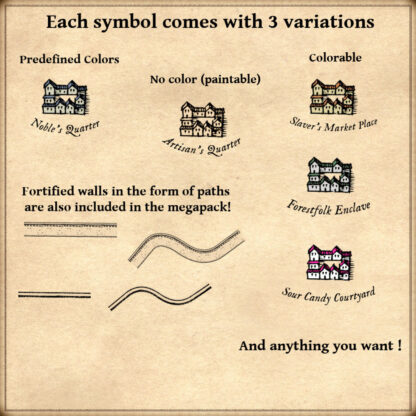 ramparts and grouped houses and buildings districts for city map, cartography assets, wonderdraft assets and symbols
