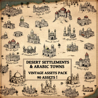 arabic fantasy map symbols, fantasy mapmaking, cartography assets, desert towns, desert settlements