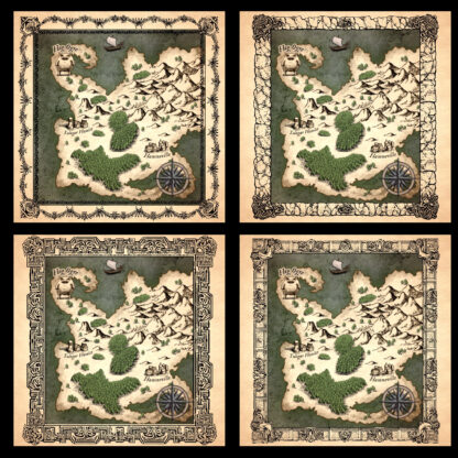 fantasy map frames and text boxes, various old map cartouches for Wonderdraft, decorative frames, frame ornaments