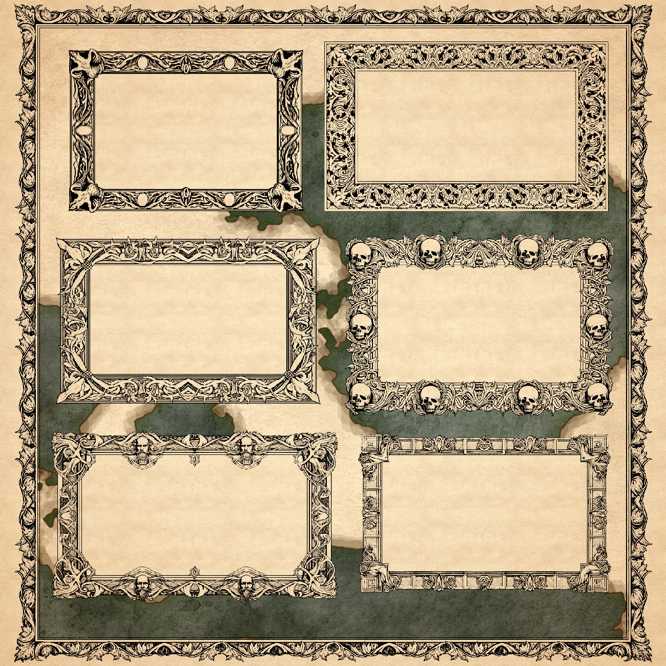 fantasy map textures, decorative ornate frames and text boxes, wonderdraft assets and textures