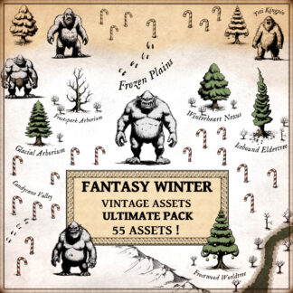 fantasy winter worldbuilding, wonderdraft assets, yeti, winter world trees, footprints, candy canes